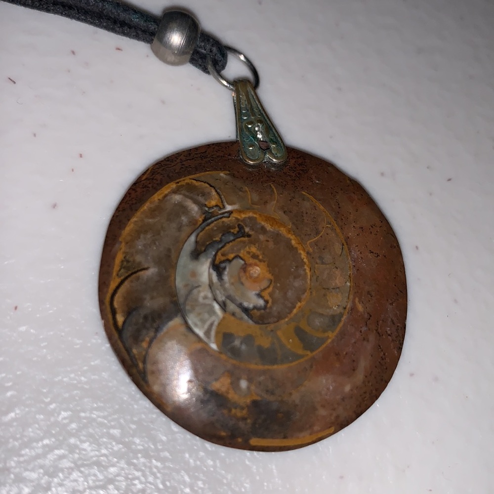 Pendant necklace: Brown stone/fossil, black cloth cord, silver-tone hardware